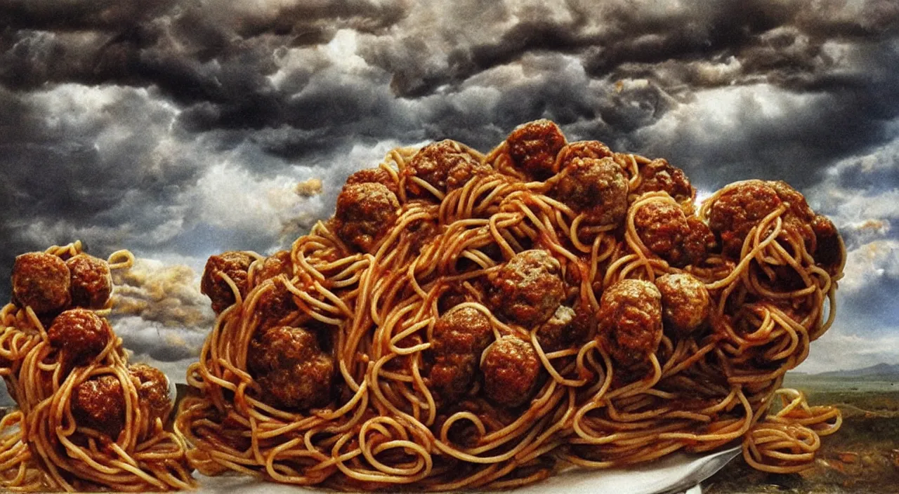 Image similar to perfect woman bodies inside spaghetti bolognesa with meatballs and hundred rusted perfect woman bodies flying in stormy clouds by dali, hyper - realism