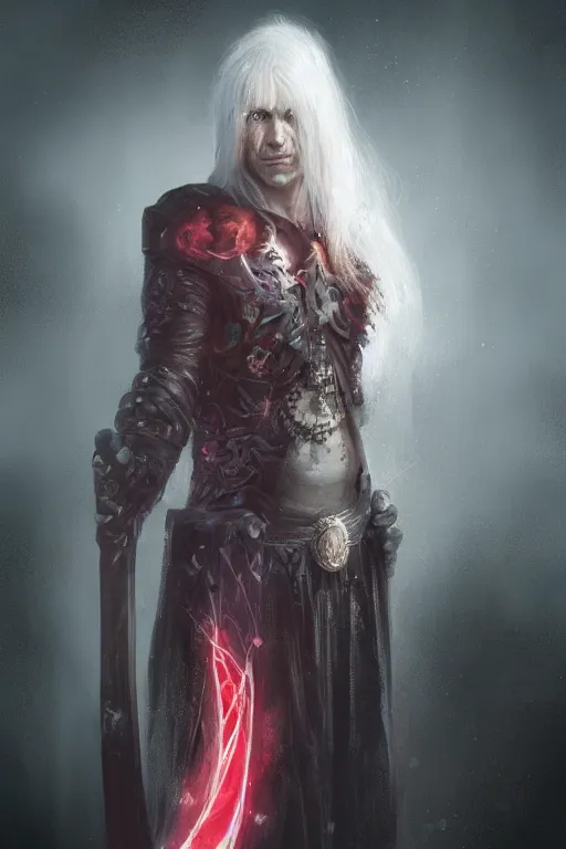 Prompt: 4k HD digital full body portrait of Elric of Melibourne, long white hair, black paper, vivid colors, Long black sword with red glowing runes, by Bastien LeCouffe-Deharme, Craig Mullins, Marc Simonetti, trending on Artstation