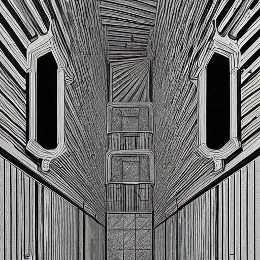 Image similar to “a disorienting white hallway and staircase with many doors, marble material, confusion, creepy, dimensions, MC Escher architecture, by Junji Ito”