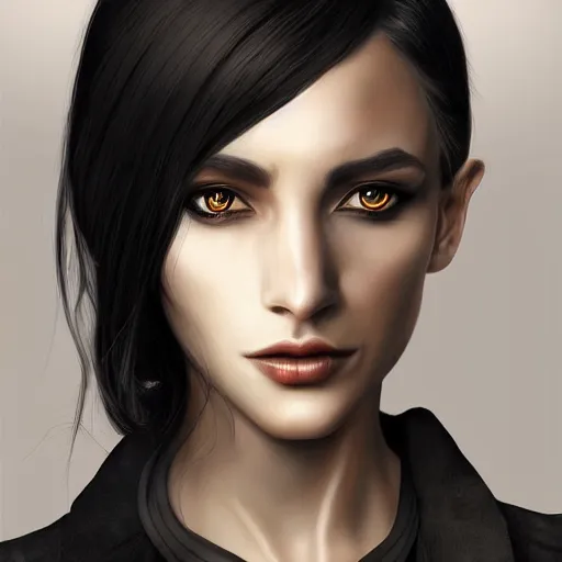 Prompt: Hyper realistic portrait of a dark elf, shoulder length black hair, wearing a suit, sharp facial features, digital art, highly detailed, trending on artstation