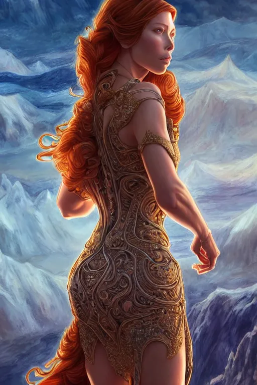 Image similar to symmetry!! intense fanart of back pose of redhead jessica biel as acotar protagonist, intricate, < < < hyper detailed background!!!! > > >, elegant dress, highly detailed, my rendition, digital painting, artstation, concept art, smooth, sharp focus, illustration, art by artgerm, by hajime sorayama