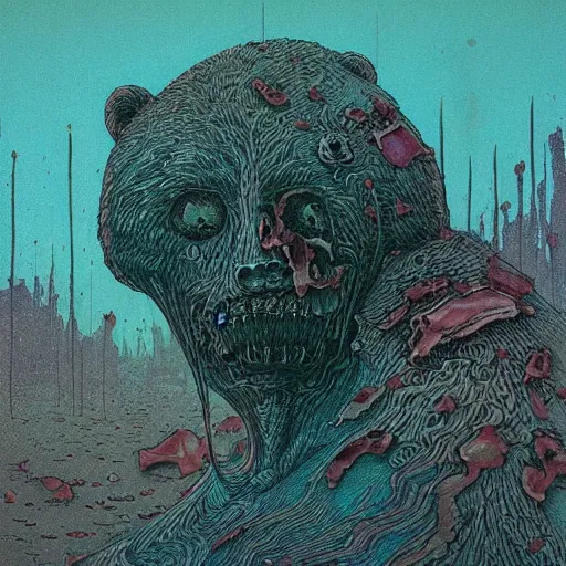 Prompt: undead bear, fluid, smooth, bright colours, high contrast, sharpness, beautiful, peaceful, very detailed, intricate, volumetric lighting, by giger and corben and moebius and beksinski and bosch and bacon