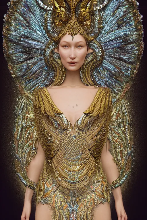 Image similar to a highly detailed metahuman 4 k close up render of an alien goddess bella hadid as deity in iris van herpen dress schiaparelli in diamonds crystals swarovski and jewelry in style of alphonse mucha gustav klimt trending on artstation made in unreal engine 4