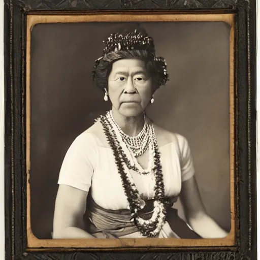 Prompt: a studio portrait of Liliuokalani, the queen of Hawaii, realistic, beautiful