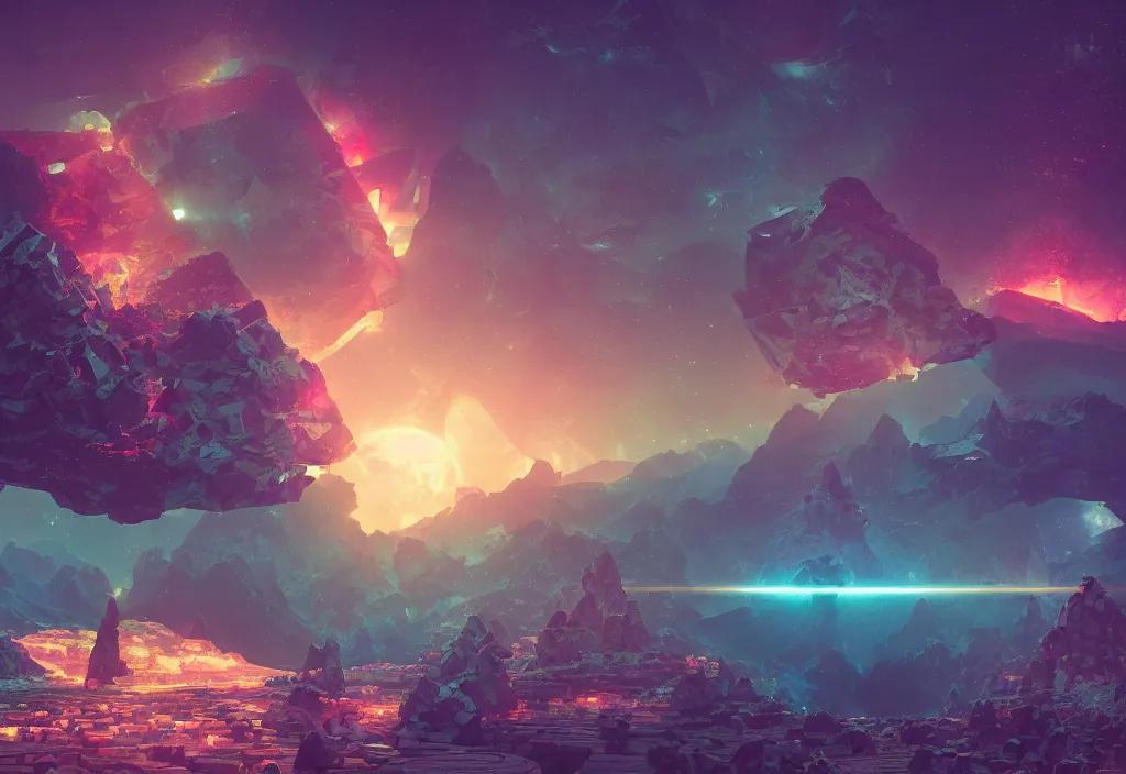 Prompt: hexagonal dramatic epic stunning beautiful and insanely detailed matte painting of a hexagon universe with hexagon planets, hexagon lens flares, atmospheric and vaporwave composition, digital art by Kilian Eng and Simon Stalenhag, masterpiece, fantastic, octane render, 8K HD Resolution, High quality image