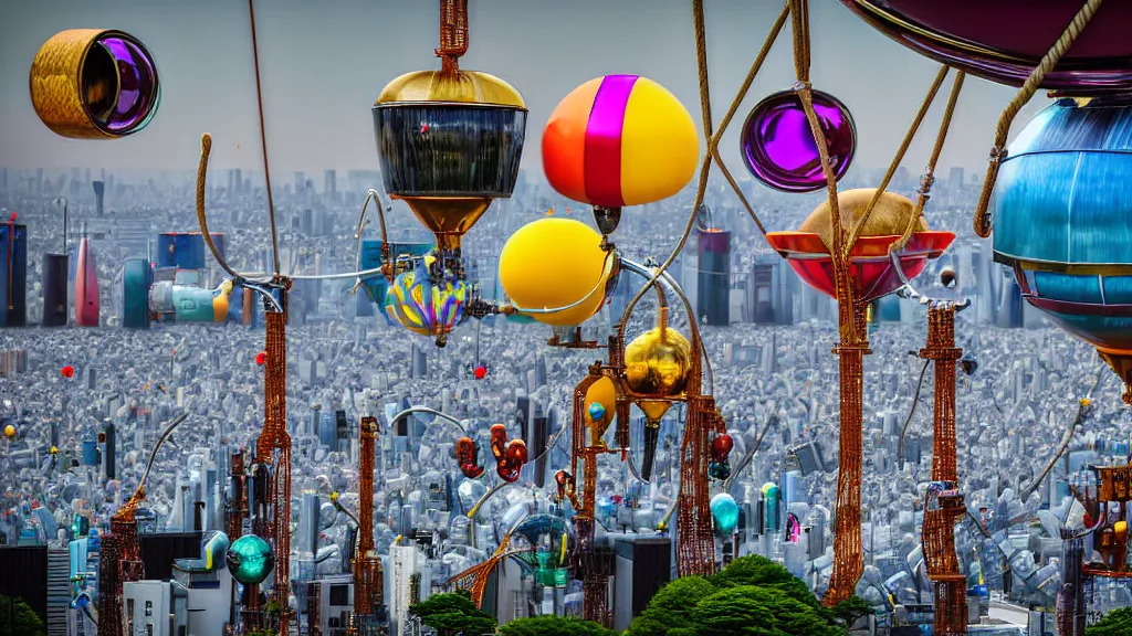 Image similar to large colorful futuristic space age metallic steampunk steam - powered balloons with pipework and electrical wiring around the outside, and people on rope swings underneath, flying high over the beautiful tokyo city landscape, professional photography, 8 0 mm telephoto lens, realistic, detailed, photorealistic, photojournalism