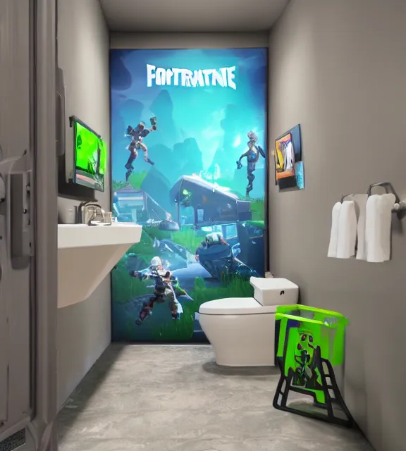 Image similar to a 4 k photorealistic photo of a fortnite themed toilet.