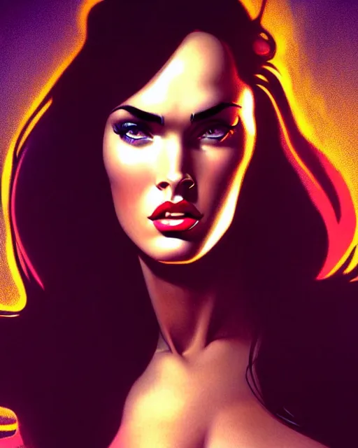 Image similar to low angle closeup beautiful very seductive megan fox retro scifi pinup, action glamour pose, windblown dark hair, hyper detailed, digital art, studio lighting, smooth, ambient volumetric lighting, sharp focus, frank miller, wlop, anna dittmann, moebius!, alphonse mucha, patrick nagle!!, rim lighting, synthwave