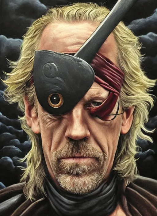 Prompt: one-eyed hugh laurie as odin with only one eye, wearing a leather eye-patch!, blind on eye, missing an eye, eyepatch, pirate, a raven on his shoulder, dark background, stormy clouds, hyperrealistic, very detailed painting by Glenn Fabry, by Joao Ruas, by Artgerm