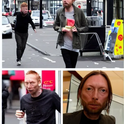 Image similar to thom yorke as a zombie eating people at mcdonalds in london