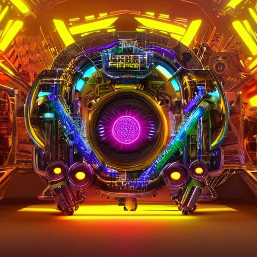 Prompt: album cover, album is called tripmachine,, a huge futuristic steampunk machine made of guitars and drums and pianos, connected with glowing tubes 8 k, fluorescent colors, halluzinogenic, multicolored, exaggerated detailed, front shot, 3 d render, octane