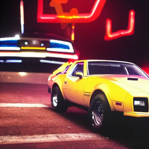 Prompt: a tardigrade driving a trans am, 1 9 8 3, miami, nighttime, synthwave, detailed,