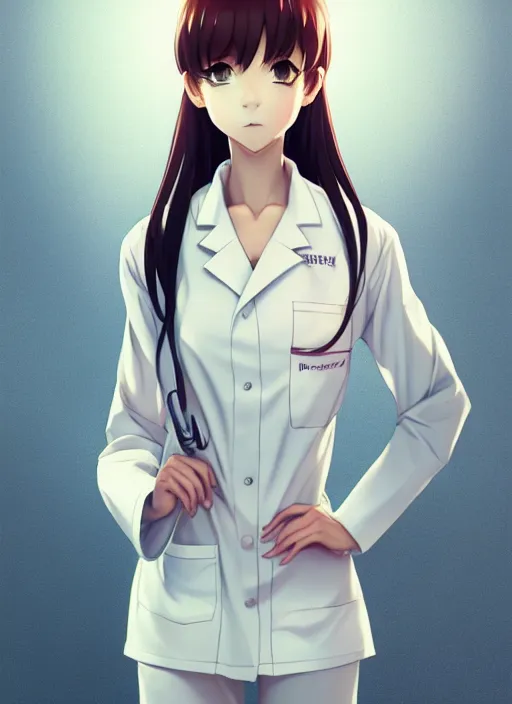 Image similar to 3 / 4 view of a portrait of cute girl in labcoat, confident pose, pixie, elegant, sharp focus, illustration, highly detailed, concept art, matte, trending on artstation, anime, art by wlop and artgerm and greg rutkowski, ilya kuvshinov, strong strokes, photo of makise kurisu from steins gate