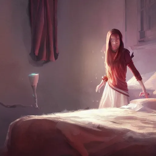 Image similar to A young female wizard, surprising herself by accidentally casting her first spell while practicing in bed, fantasy art by Greg Rutkowski