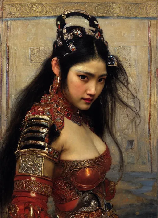 Image similar to beautifull asian queen cyborg with bangs curly Iranian orientalist portrait by john william waterhouse and Edwin Longsden Long and Theodore Ralli and Nasreddine Dinet, oil on canvas. Cinematic, hyper realism, dramatic lighting, high detail 4k