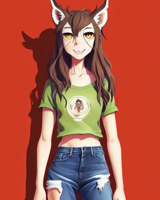 Prompt: fullbody portrait of half - lynx woman with lynx nose and ears, wearing summer jeans shorts and tshirt, anime art, concept art, detailed attractive face, symmetrical, trending on pixiv, by lois van baarle by sung choi by john kirby artgerm style pascal blanche and magali villeneuve, ghibli studio