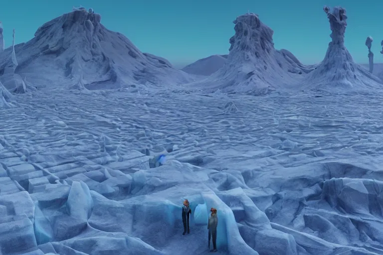 Image similar to a hd render of a surreal frozen landscape, by beeple and salvador dali