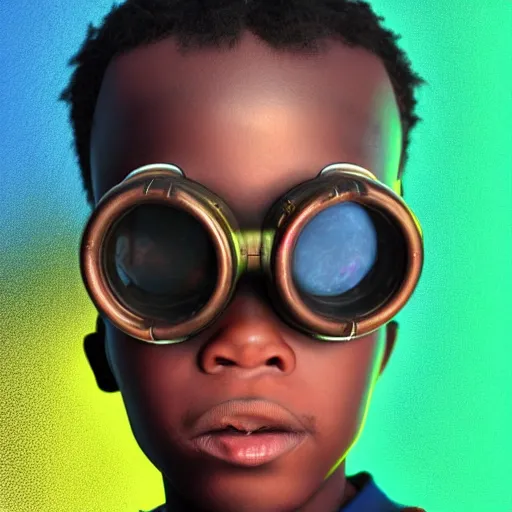 Prompt: colourful vfx upper half - portrait - art of a nigerian boy wearing steam punk goggles, art by stanley artgem lau & tenmyouya hisashi, digital render, digital illustration, concept art, caricature, volumetric light, ray tracing, symmetrical, unreal engine, octane 3 d render, sharp, detailed, intricate detail, pinterest, behance, art station,