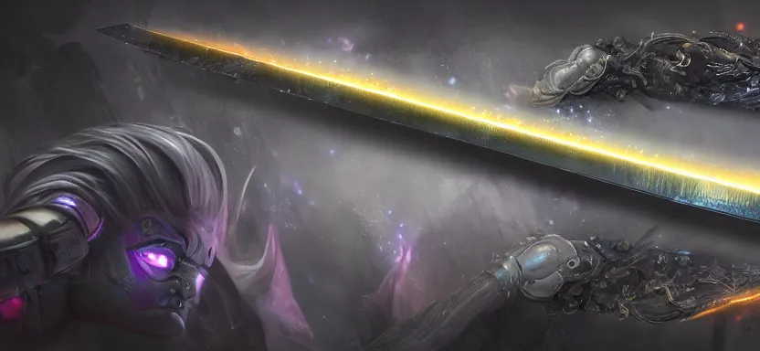 Image similar to legendary cybernetic sword lying flat on a glowing table with a long sharp black and iridescent sword blade, digital award winning hd matte painting, intimate dark moody, intricate, ornate spikes, colorful hilt, detailed realistic, raytraced blade, colored gems, future golden technological pommel, in the style of greg rutkowski and krenz cushart, deviantart