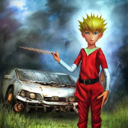 Image similar to a skinny teen boy as a fantasy elf with spiky blonde hair wearing dark brown overalls and holding a firecracker standing next to a destroyed car, painting by artgerm