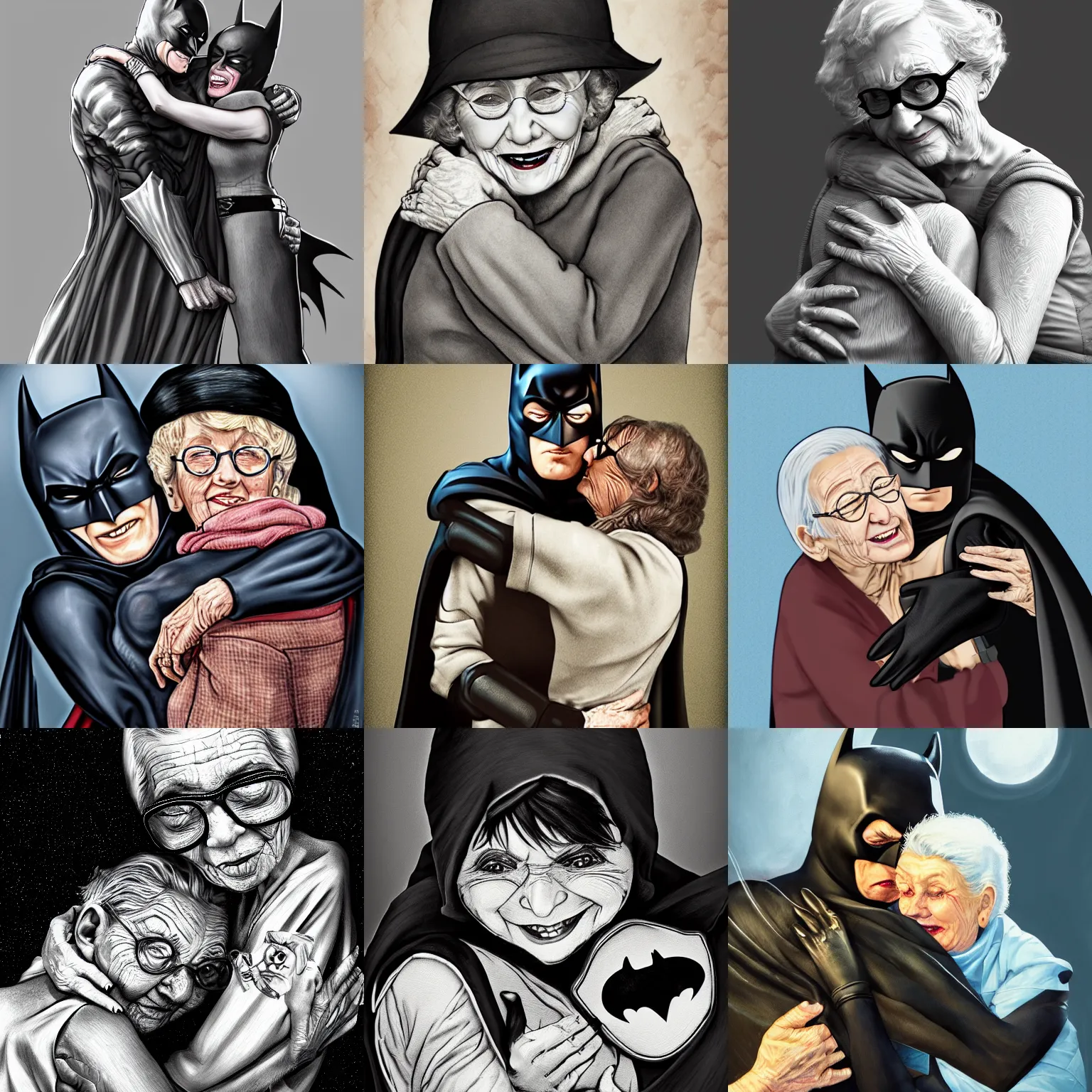 elderly woman hugging batman, highly detailed, 4 k, | Stable Diffusion |  OpenArt