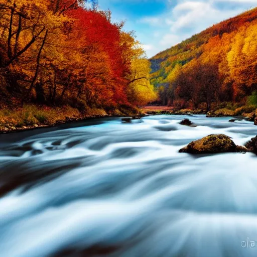 Prompt: autumn river in the hills of transylvania, illustration, cinematic, relaxing, painting, classic, scenic, awe inspiring