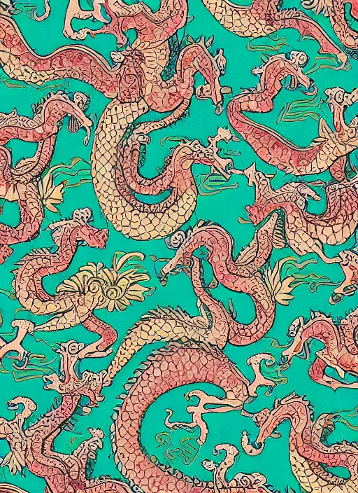 Image similar to ancient dragon and flowers fabric design pattern, 4 k