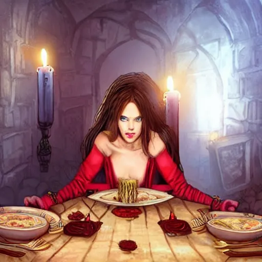 Prompt: “an 8k hi definition super detailed photorealistic picture of a vampire in a dungeon setting sitting at a banquet table full of plates of rats and spiders with red candles”