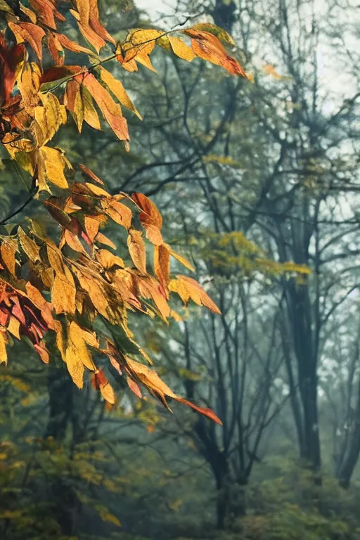 Prompt: beautiful 7 0 mm cinematic still photo of falling leaves, bokeh, cinematography by christopher doyle