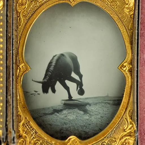 Image similar to tintype photo, swimming deep underwater, unicorn