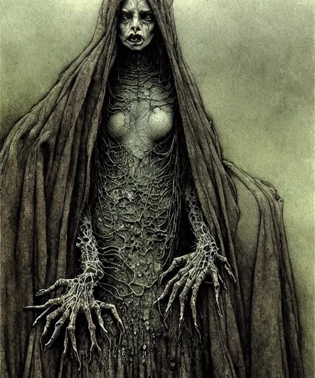 Image similar to a detailed creepy woman with many spider joints stands among the hills. wearing a ripped mantle, robe. perfect faces, extremely high details, realistic, fantasy art, solo, masterpiece, art by zdzislaw beksinski, arthur rackham, dariusz zawadzki