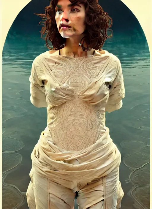 Image similar to symmetrical, full body portrait of a woman with short wavy hair, round face, cottagecore!!, lake, intricate, wild, highly detailed, digital painting, artstation, concept art, smooth, sharp focus, illustration, art by artgerm and greg rutkowski and alphonse mucha