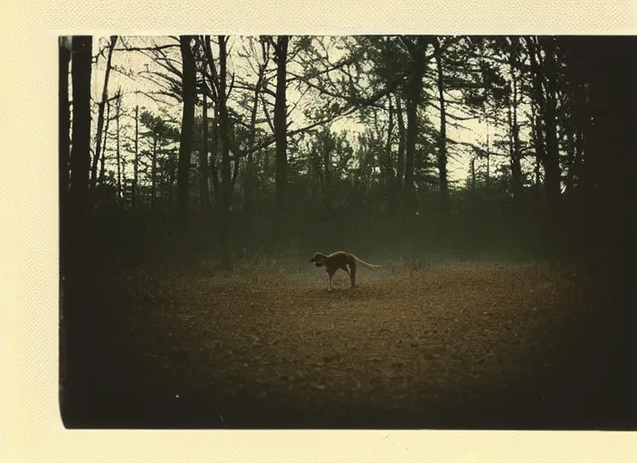 Prompt: medium shot, a young woman running towards the camera, a demon hound is chasing her, woods, polaroid photo, vintage, neutral colors, by gregory crewdson