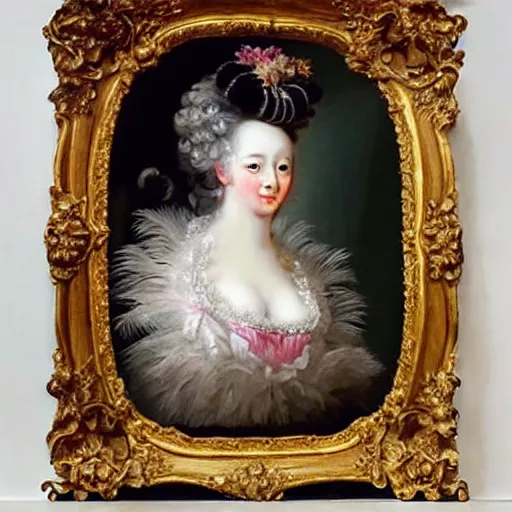 Prompt: madame de pompadour howith her hair piled up high adored with feathers and ribbons, wearing a beatiful 1 8 th century dress with flounces and ribbons, rococo style, francois boucher style, highly detailed, very realistic, painterly style