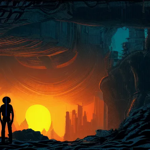 Image similar to in the style of max prentis and deathburger and laurie greasley a silhouette of two young explorers wearing cyberpunk headpieces watching the sunset in the distance from within a lush cave, highly detailed, 8k wallpaper