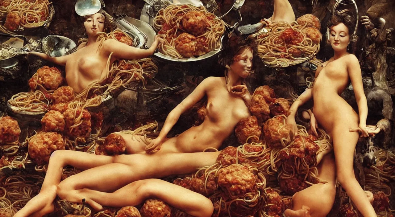 Prompt: photo, bizarre compositions, blend of perfect woman bodies, spaghetti bolognesa, meatballs by dali, exquisite detail