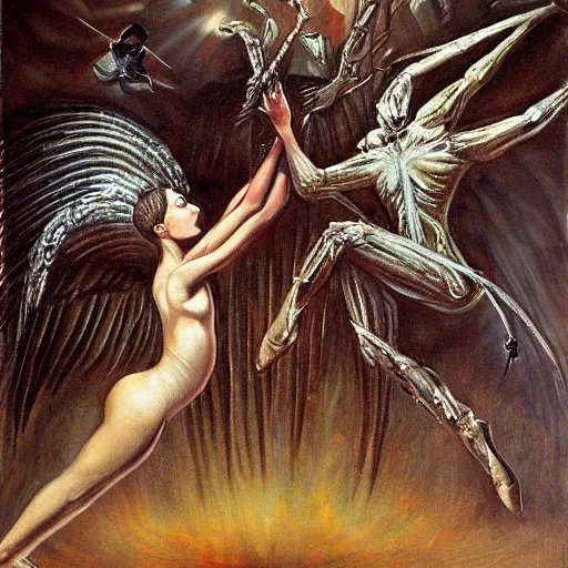 Prompt: a stunning oil painting of a ballerina angel spearing a ballerina demon in an epic battle by h. r. giger