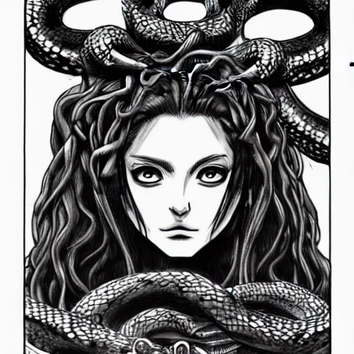 Prompt: manga drawing of head of medusa wearing snakes heads in place of hair in berserk manga, angelina jolie showing fangs, big snakes heads, by kentaro miura