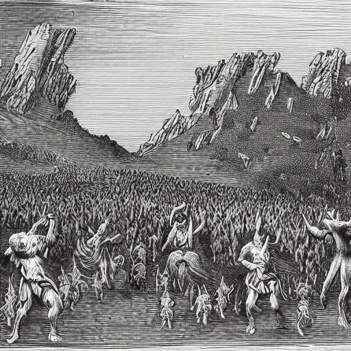 Prompt: woodblock print of the sons of cain wandering antediluvian fields with their beastly herds, genesis, by gustave dore