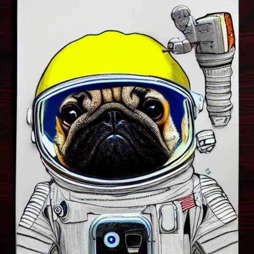 Image similar to gif, high - resolution, pencil art, colorized, extra - detailed, pug astronaut, opening door, in space that leads into the universe