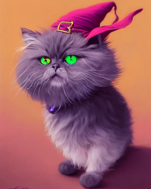 Image similar to highly detailed surreal vfx portrait of a cute, happy persian cat with green eyes, dressed up as a witch, stephen bliss, unreal engine, greg rutkowski, loish, rhads, beeple, makoto shinkai and lois van baarle, ilya kuvshinov, rossdraws, tom bagshaw, alphonse mucha, global illumination, detailed and intricate environment