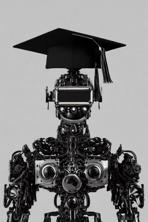 Prompt: a portrait of a extremely intricately detailed beautiful robot wearing a highly detailed perfect render black graduation hat on its head, realism. concept art. unreal engine 5, f / 1. 8, v - ray, ultra hd, 8 k, graduation photo, atmospheric beautiful background and beautiful lighting. hyper realism.