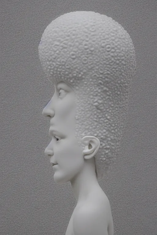 Prompt: full head and shoulders, beautiful female porcelain sculpture by daniel arsham and raoul marks, smooth, large hair is solid gold, all face features are white, on a white background, delicate facial features, white eyes, white lashes, detailed white, lots of 3 d giant axolotls on the head