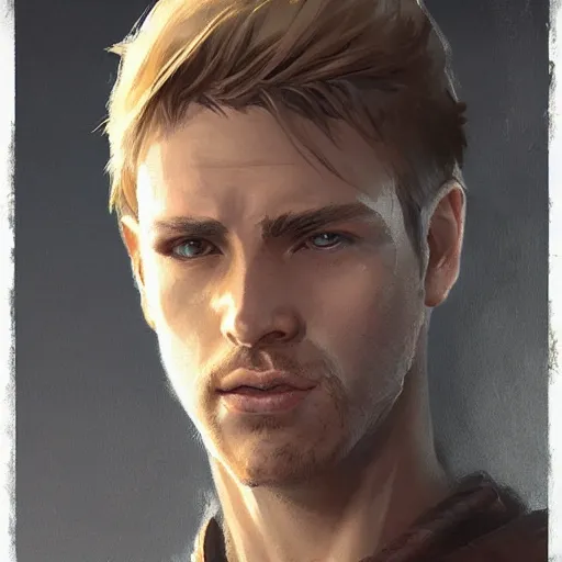 Image similar to portrait of a man by Greg Rutkowski, Cade Skywalker from Star Wars Expanded Universe, he is about 30 years old, manly, strong, messy blond hair, wearing a leather jacket, highly detailed portrait, digital painting, artstation, concept art, smooth, sharp foccus ilustration, Artstation HQ