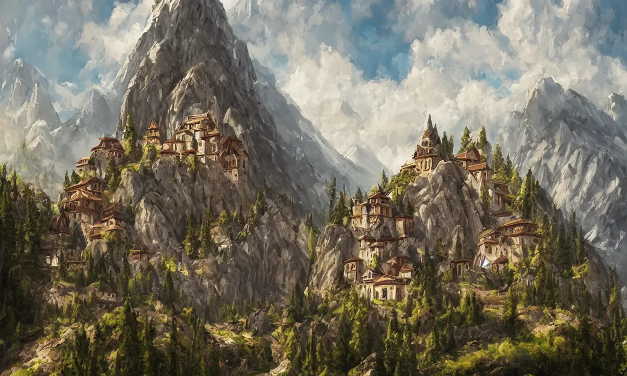 Prompt: a beautiful painting of a monastery engraved in a mountain, art by Randy Vargas, trending on Artstation