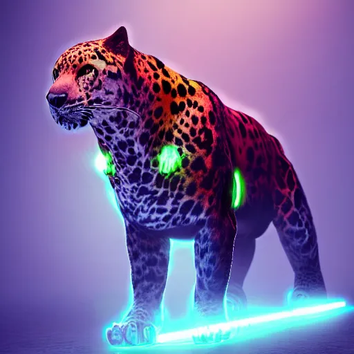 Image similar to portrait of a neon cyberpunk cyborg jaguar animal, octane render