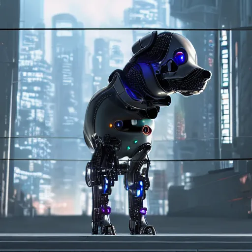 Image similar to cyberpunk dog robot, photorealistic, 8 k, highly detailed, lots of wires, scary, reflections, metal, 8 k