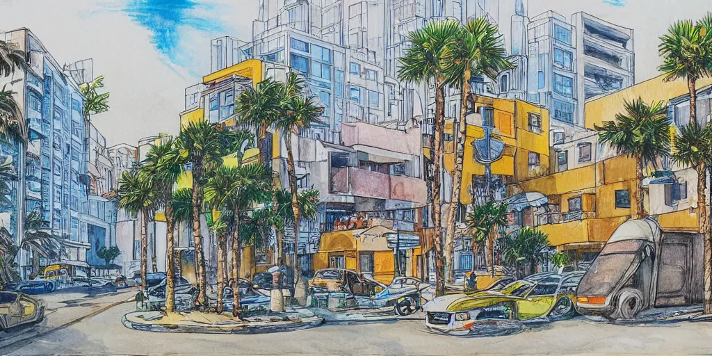 Prompt: street artists. painting of rounded bauhaus buildings in a junction in tel aviv. highly detailed. pen drawing painted with watercolors. colorful. low buildings. palm trees