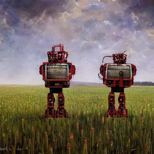 Image similar to Two robot farmers working in the field, by Andrea Kowch