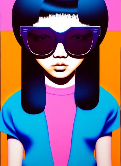 Image similar to cute girl with shades by shusei nagaoka, kaws, david rudnick, airbrush on canvas, pastell colours, cell shaded, 8 k